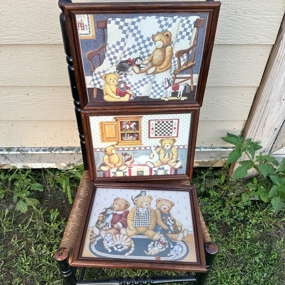 Vintage Nita Showers Teddy‎ Bear Art Prints Set of 3 Wood Framed 1980s Decor